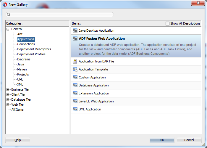 This screenshot shows the New Gallery dialog that is divided into two panes, Categories on the left and Items on the right. The right pane displays the items for the selected category.