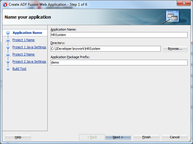 This screenshot displays the application name as specified in the previous praragraph. The directory name defaults to the application name entered and the directory path defaults to c:\JDeveloper\mywork, by default.