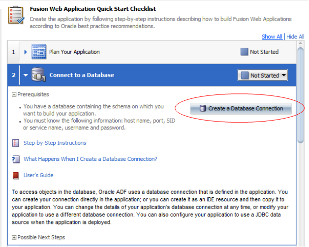 This screenshot shows an expanded Connect to a Database step. The expanded step details the prerequisites, step-by-step instructions on how to perform a task. It also displays the outcome of the performed task and link to the guide.