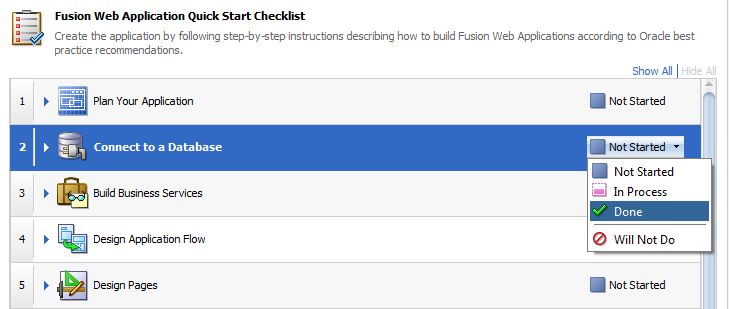 This screenshot shows the statuses of the Connect to a Database task with Done as selected.