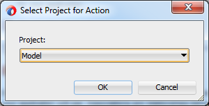 This screenshot shows the Model project selected for which you want to create entity objects. The Project drop-down lists all the projects that you have created for an application.