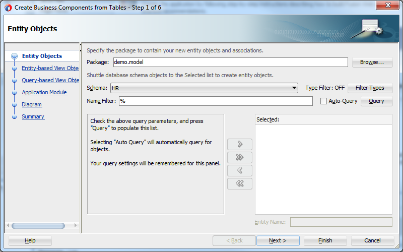 This screenshot shows the Create Business Components from Tables wizard where you can query a database schema to list the available tables.