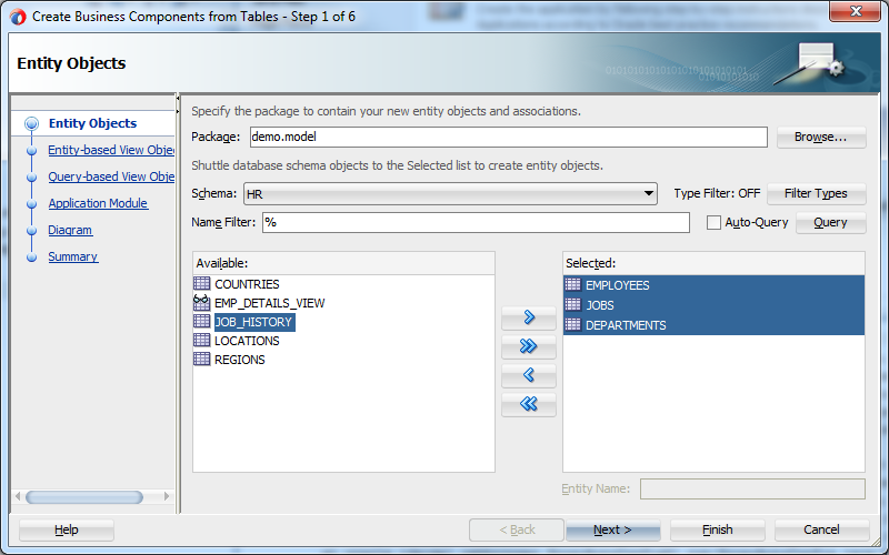 This screenshot shows the tables as specified in the previous paragraph selected, from the list of available tables.