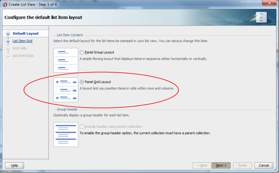 This screenshot shows the various options available to configure ADF List View with Panel Grid Layout selected.