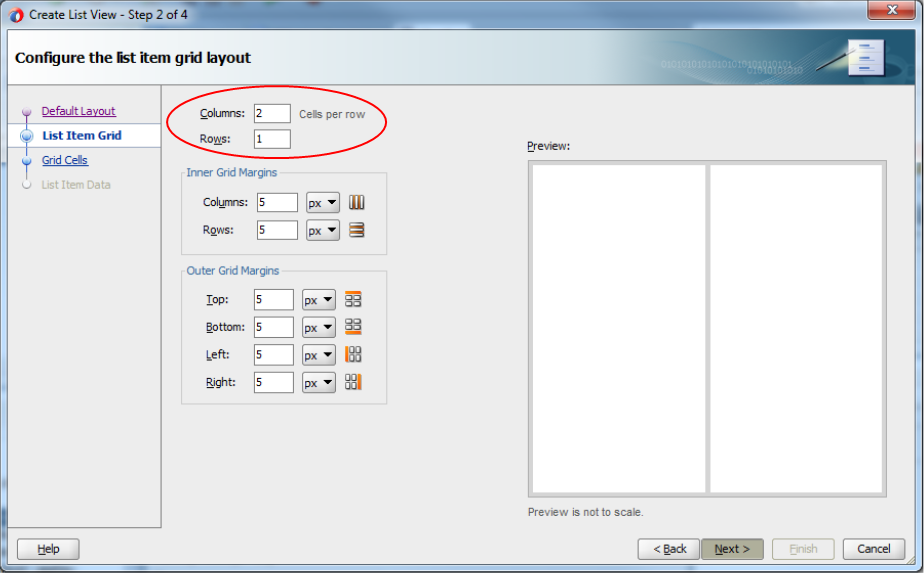 This screenshot shows the options available to configure a Panel grid layout. The Columns and Rows fields entered as specified in the previous paragraph. You can configure the number of columns, rows, and margins ans see the preview of the changes in the Preview pane.