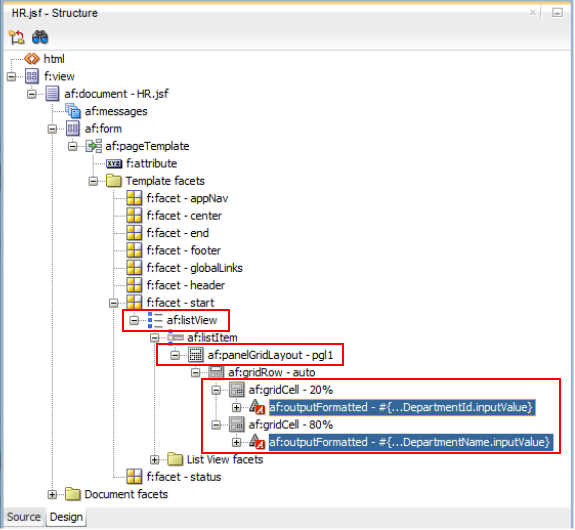 This screenshot shows the Structure window that is expanded to display the listView and the panelGridLayout that was configured in the previous steps.