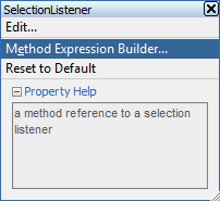This screenshot shows the SelectionListener Property menu that lists the built-in operations. You can select an operation from the list to work with data control.