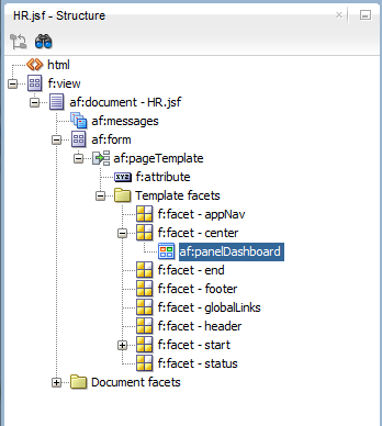 This screenshot shows the Structure Window with panelDashboard placed under the Center facet.