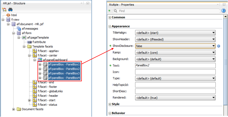 This screenshot shows the Structure window with all Panel Boxes selected and the Properties window of the Panel Boxes, where Appearance section is expanded.