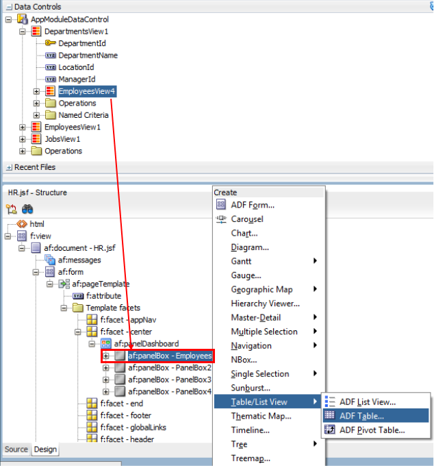 This screenshot shows two windows and a popup menu. The first is the Data Controls window where a data control is dragged and dropped to the first Panel Box of the Structure window, which is the second window. When dropped, a popup menu displays from where the Table/ListView - ADF Table layout for the panel box is selected.