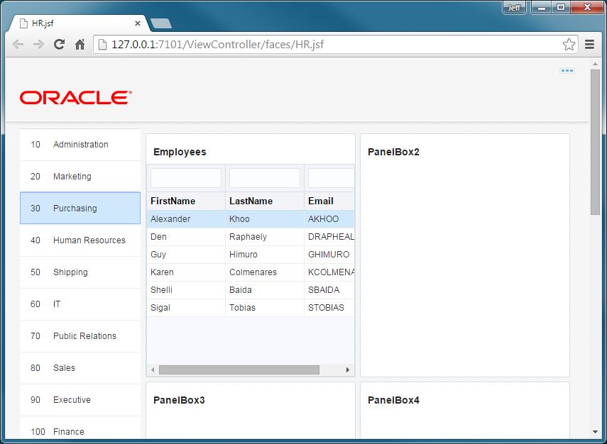 This screenshot shows the browser page that displays a different data selected on the left side and the first panel box displaying the corresponding data and the other panel boxes on the right side.