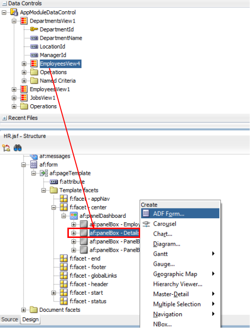 This screenshot shows the Data Controls window where a data control is dragged and dropped to the second Panel Box of the Structure window. When dropped, a popup menu displays from where the Form layout for the second panel box is selected.