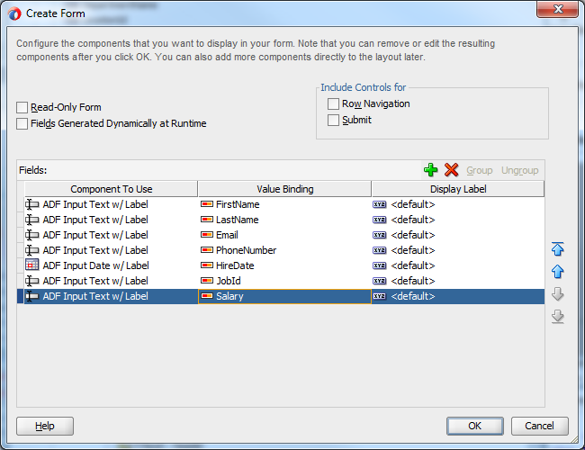 This screenshot shows the Create Form pane where the specific attributes as mentioned in the above paragraph are selected.