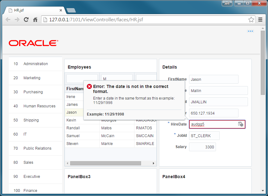 This screenshot shows the browser page that displays an error message when an invalid value is entered in one of the fields in second panel box. The error message also displays the valid format.