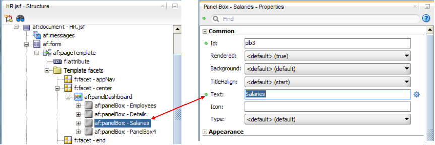 This screenshot shows the Structure window with the thirds panel box selected and the corresponding Properties window. The Common section of the Properties window is expanded with the Text attribute modified as specified in the praragraph above.