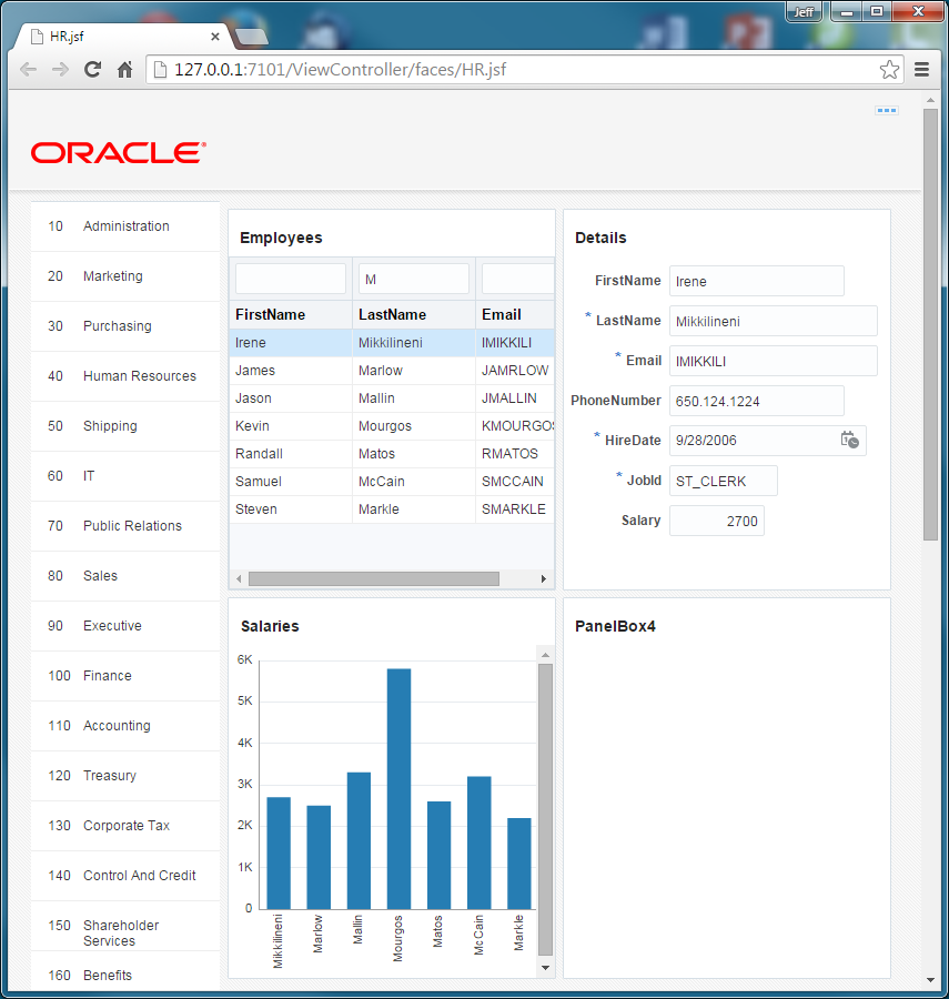 This screenshot shows the browser page where a table is displayed in the first panel box, corresponding details in a form layout in the second panel box, and a chart in the third panel box.