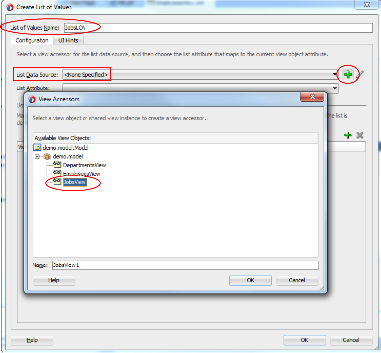This screenshot shows the Create List of Values dialog with all the other values selected as specified in the previous paragraph and the View Accessors dialog.