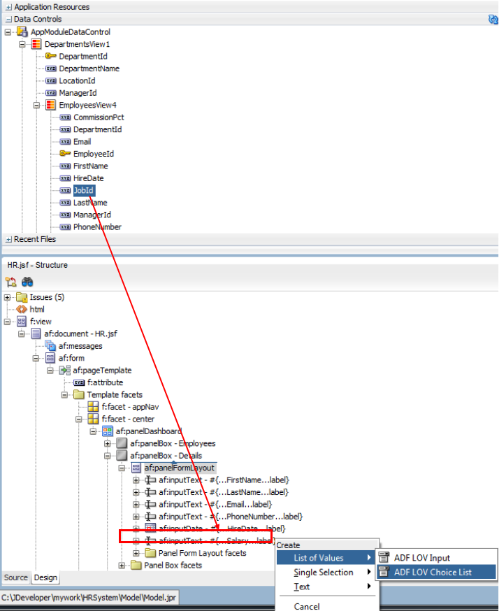This screenshot shows the Data Controls window and the Structure window. JobId data control from the Data Control window is dragged and dropped to the Structure window under the panelFromLayout, which was selected in the previous step. The screenshot also shows the List of Values - ADF LOV Choice List selected from the popup menu.
