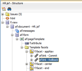 This screenshot shows the Structure window with the Rollback operations added to the appNav facet as ADF Link.