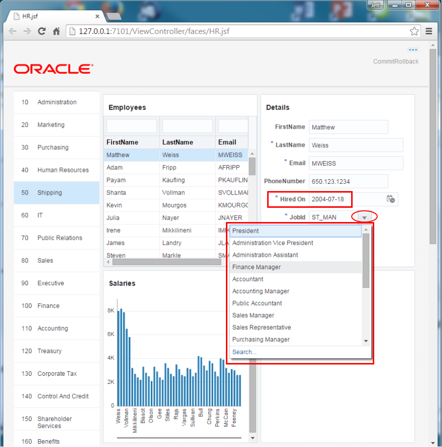 This screenshot shows the browser page that displays the data on the left pane, all the four panel boxes on the right pane. In the Details panel box, the Hired on field is highlighted. The JobId field displays a list of values.