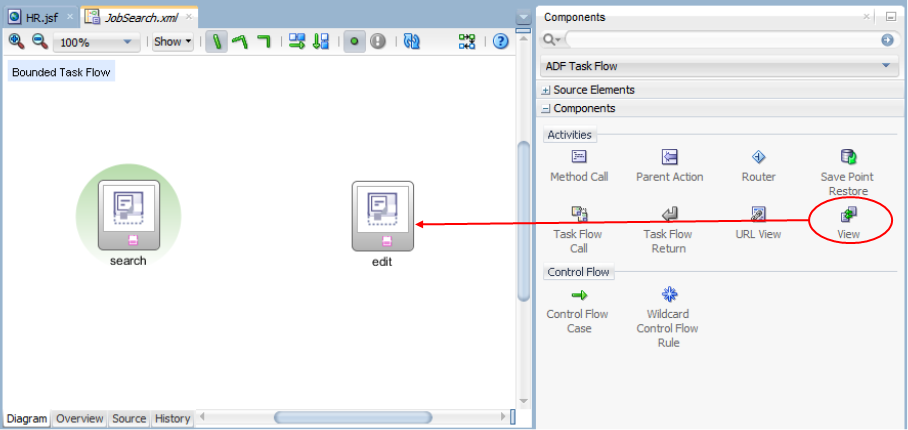 This screenshot shows another View activity dragged from Components window and dropped to editor and modified as specified in the previous paragraph.