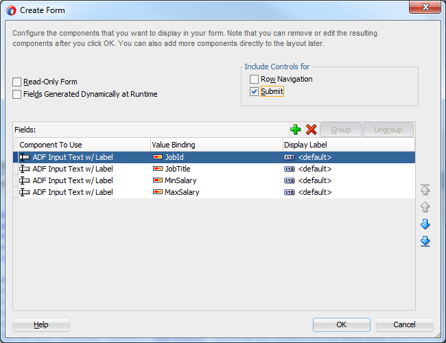 This screenshot shows the Create Form page with Submit checkbox selected.
