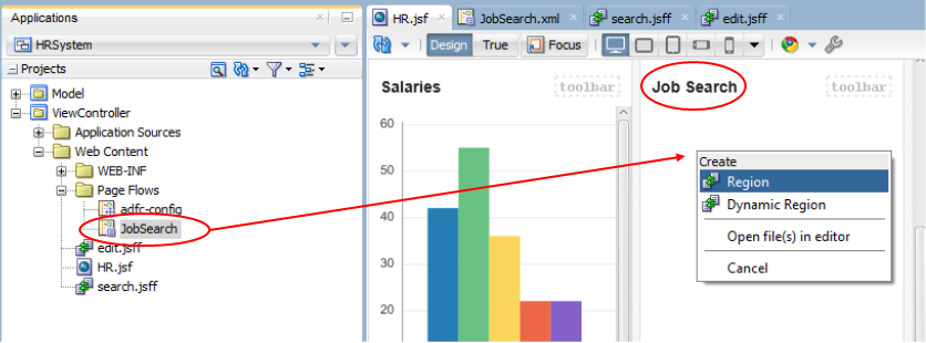 This screenshot shows the Applications window from where the JobSearch under page flow is dragged and droped to the fourth panel box. The fourth panel box shows a popup menu where Region is selected.