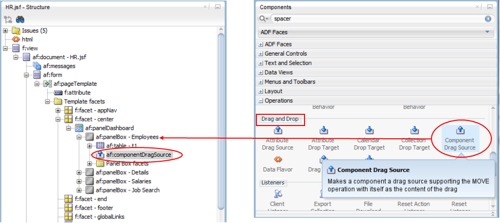 This screenshot shows the Structure window with the componentDragSource component under the Employees panel box. This screenshot also shows the Components window with the expanded Oeprations node from where the component is dragged.