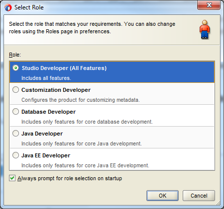This screenshot shows the various Roles in J Developer with the Studio Developer (All Features) option selected.
