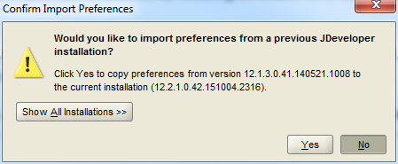 This screenshot shows the dialog with details about the J Developer installation to import from.