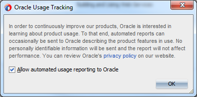 This screenshot shows the dialog with a checkbox enabled that automates usage reporting to Oracle.