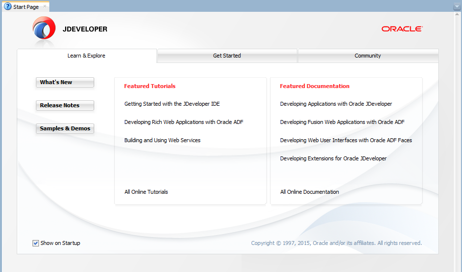 This screenshot shows the J Developer Start Page. The Learn and Explore tab is selected which displays links to various       tutorials and documentation.