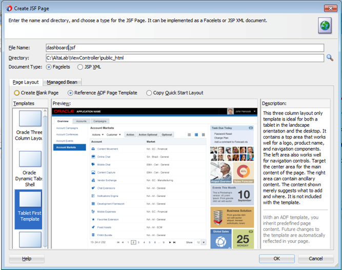 This screenshot shows the Create JSF page wizard with the filename. In the Page Layout tab, Reference ADF Page Template -     Tablet First Template is selected.