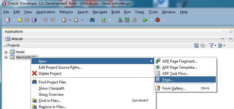 This screenshot shows the Model and View Controller projects of Alta Lab application. In the context menu of View Controller,  New - Page is selected.