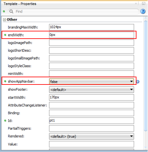 This screenshot shows the Properties pane for a f : page Template. end Width is set to 0 px and show App Nav bar is set to    False.