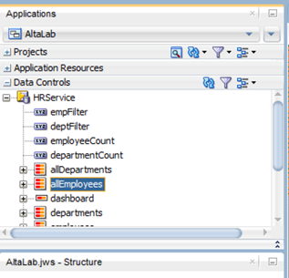 This screenshot shows the Alta Lab Application Navigator pane in which all Employees is selected in the Data Controls         accordion.