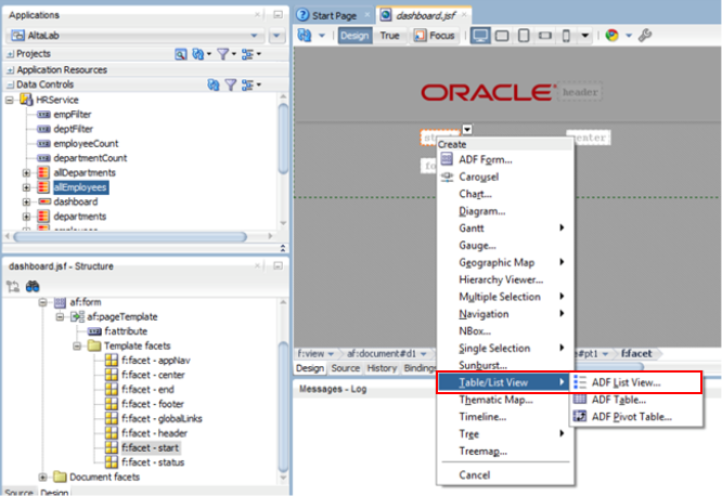 This screenshot shows where to drag and drop all Employees in the page editor. In the pop menu, Table/List View - ADF List View option is selected.