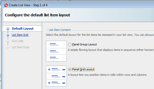 This screenshot shows the Default Layout page of the wizard. The Panel Grid layout is selected in the right pane.