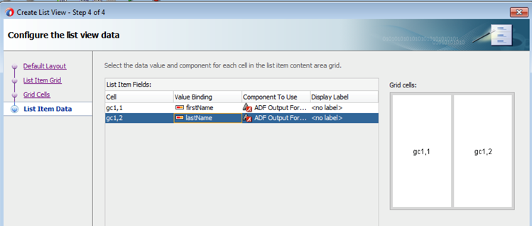 This screenshot shows the List Item Data page of the wizard. The row with cell g c 1 , 2 is highlighted in the right pane.