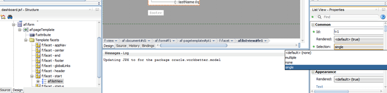This screenshot shows the list View of f : facet - start selected in the Structure pane. In the Properties pane, Selection    property is set to single.