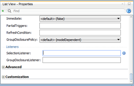 This screenshot shows the Properties pane for list View. The Selection Listener value field with the blue wheel is            highlighted.