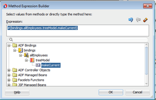 This screenshot shows the Method Expression Builder window. make Current is selected in the ADF Bindings tree.