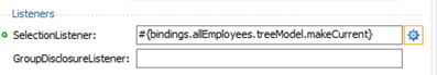 This screenshot shows the Selection Listener value in the Properties pane as selected from the Method Expression Builder.