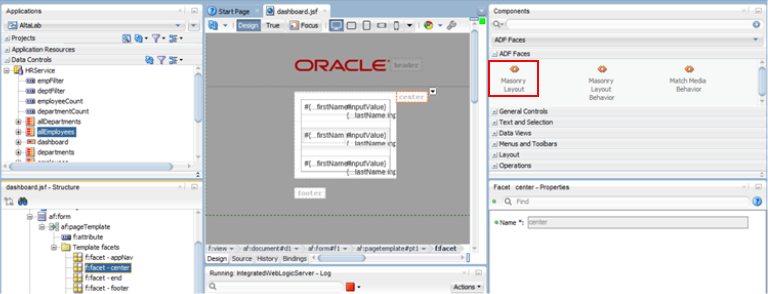 This screenshot shows where to drag and drop the Masonry Layout from ADF Faces accordion of the Components pane to the page editor.