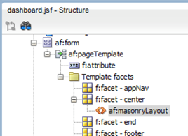 This screenshot shows the Masonry Layout component added to the center facet in the Structure pane.