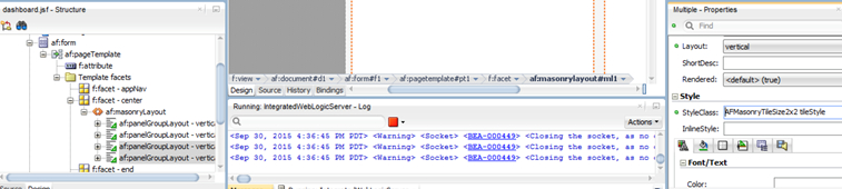 This screenshot shows the StyleClass value set to A F Masonry Tile Size 2 x 2 in the Properties pane for the last 2 Panel Group Layouts.