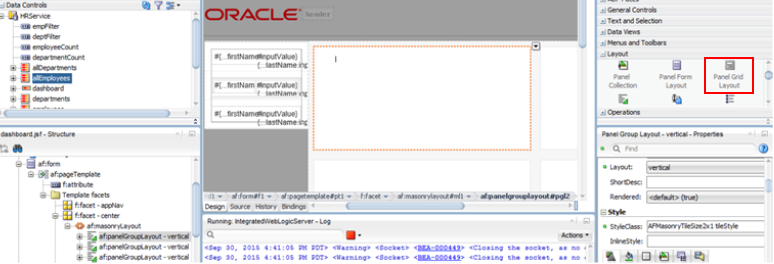 This screenshot shows the first Panel Group Layout selected in the Structure pane. In the Layout accordion of the Components pane, Panel Grid Layout is highlighted.