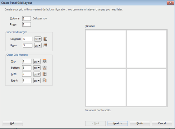 This screenshot shows step 1 of the Create Panel Grid Layout wizard. Rows and Columns are set to 2.