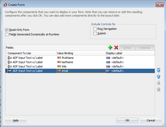 This screenshot shows the Create Form wizard with the Read-Only Form checkbox enabled. 4 components are displayed under Fields.