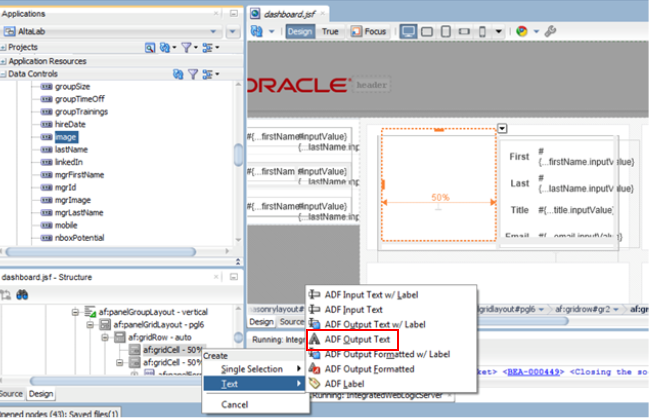 This screenshot shows where to drag and drop an image attribute from Data Controls palette to the Visual Editor. A Create     context menu appears in which Text - ADF Output Text option is highlighted.
